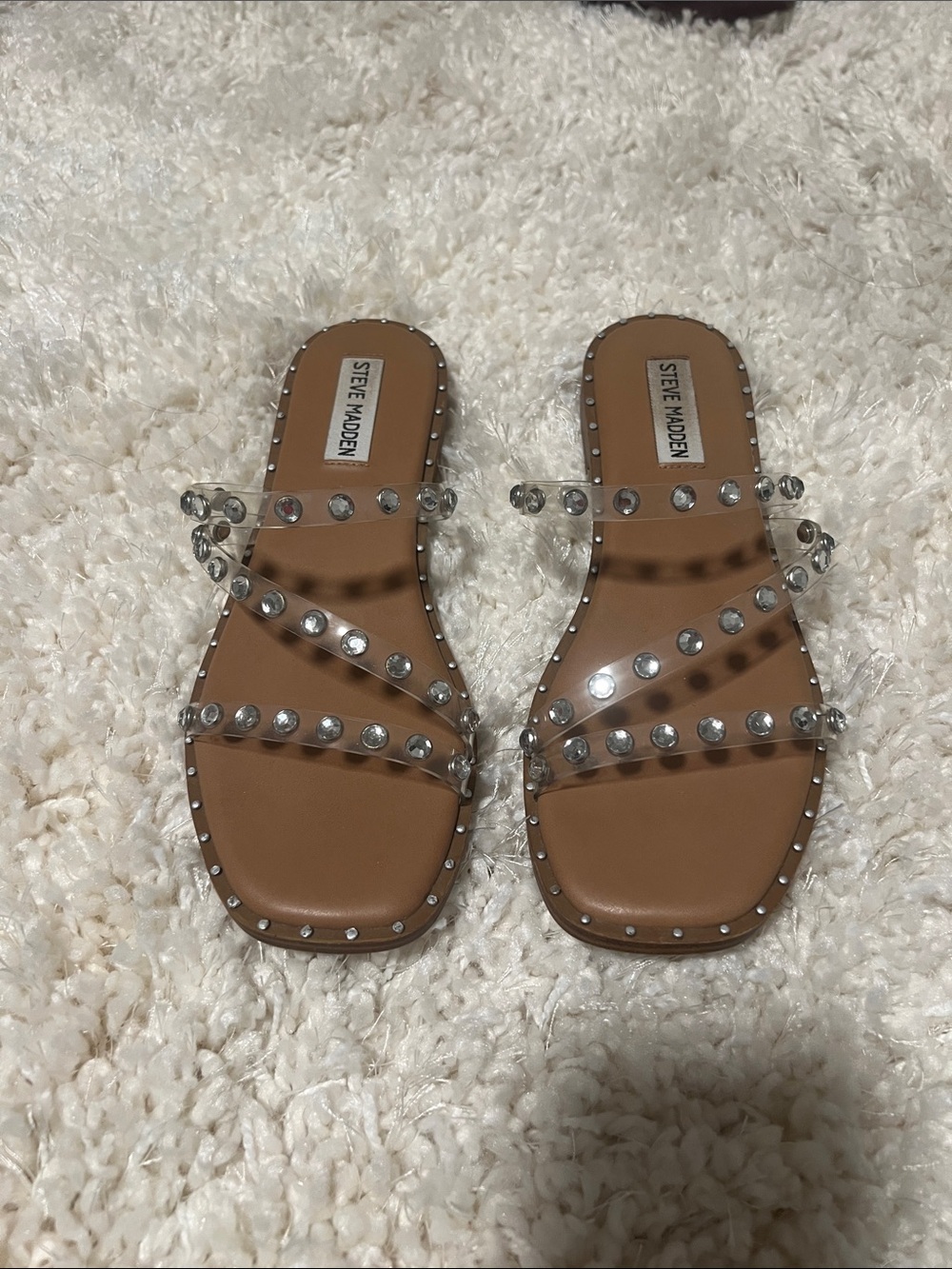 Steve Madden Clear Studded Slide Sandals with Tan Footbed
